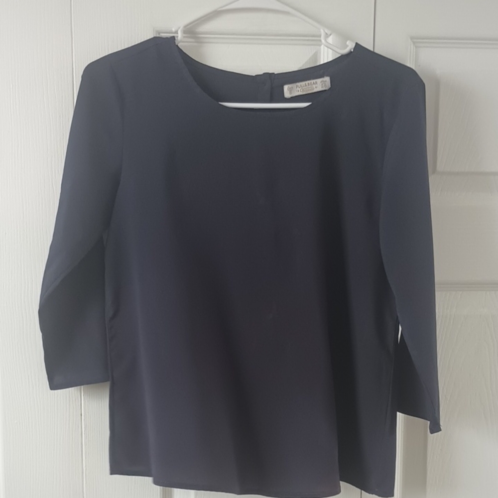 Pull&Bear Blue 3/4 Sleeve Boxy Crew Neck Top